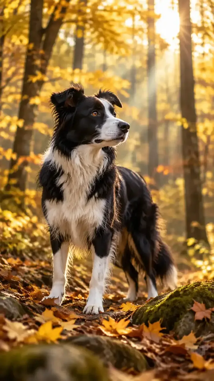 Border collie debout sur un tapis de feuilles dans une forêt en automne