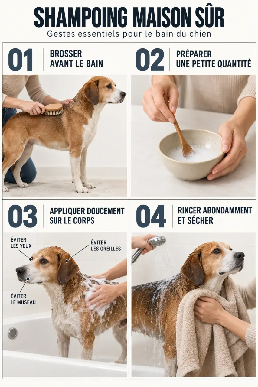Shampoing chien maison : étapes du bain, application, rinçage et séchage