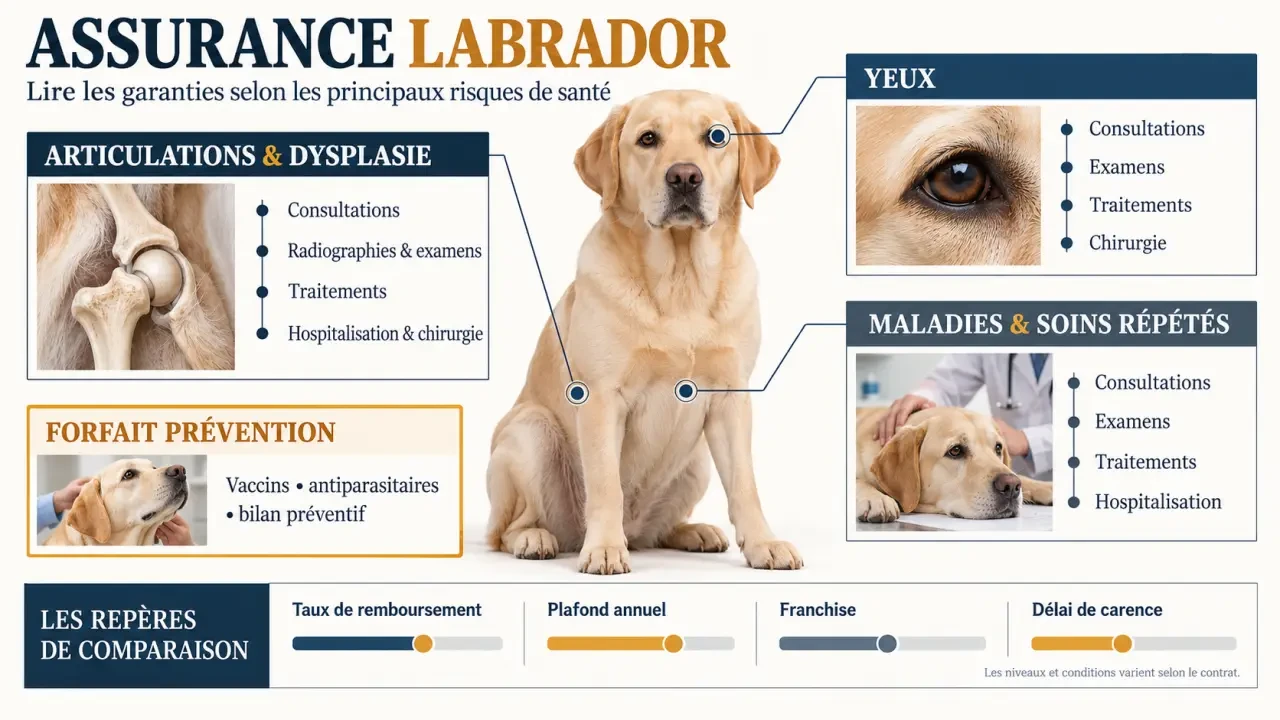 Infographie sur l’assurance Labrador, les risques de santé et les garanties à vérifier