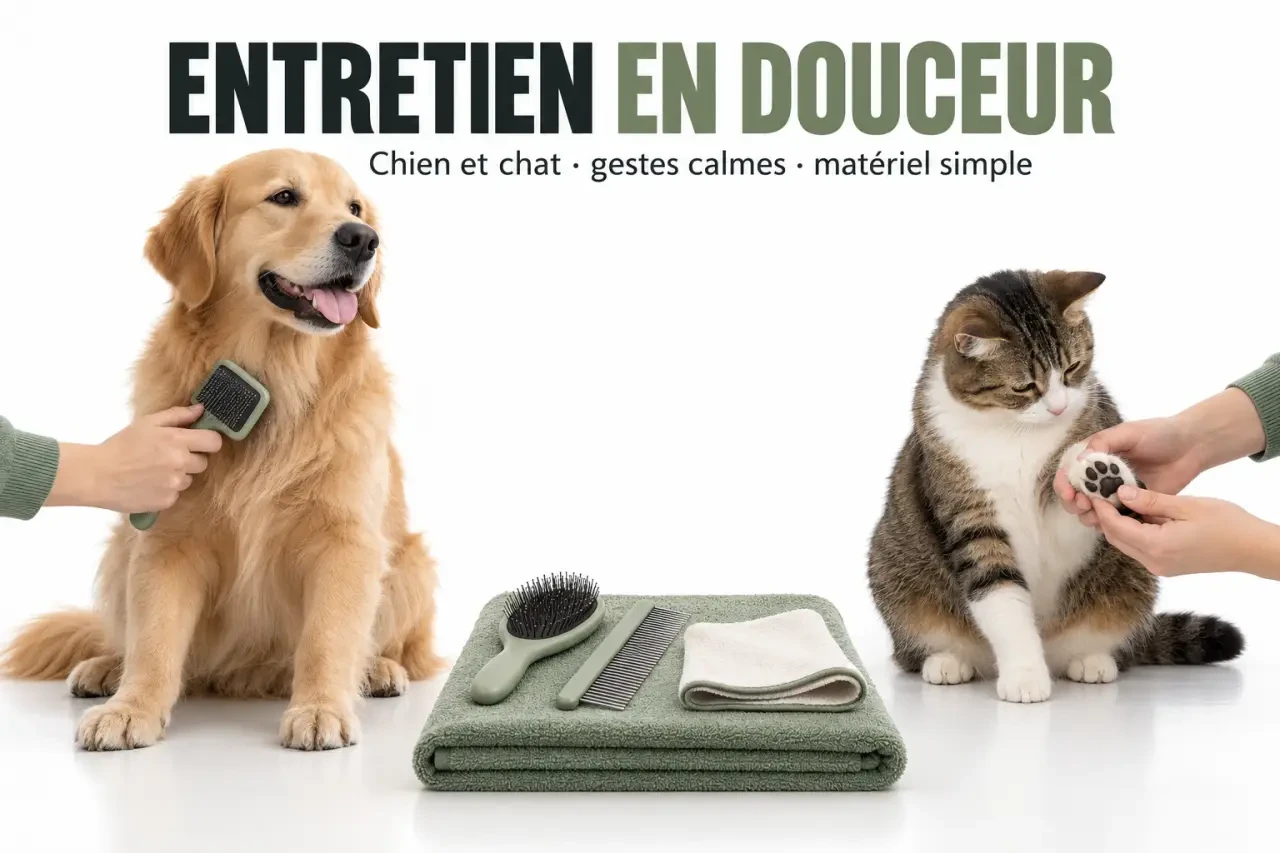 Routine de soins naturels animaux pour entretenir le pelage et les coussinets d’un chien et d’un chat
