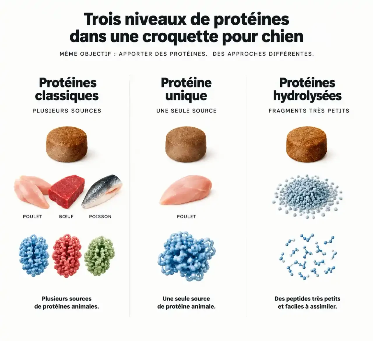 Schéma comparant les protéines classiques, la protéine unique et les protéines hydrolysées dans les croquettes allergie chien