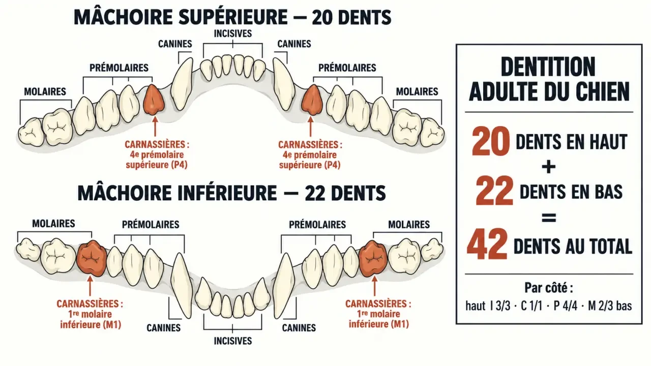 Schéma de la dentition du chien adulte avec ses 42 dents, incisives, canines, prémolaires et molaires