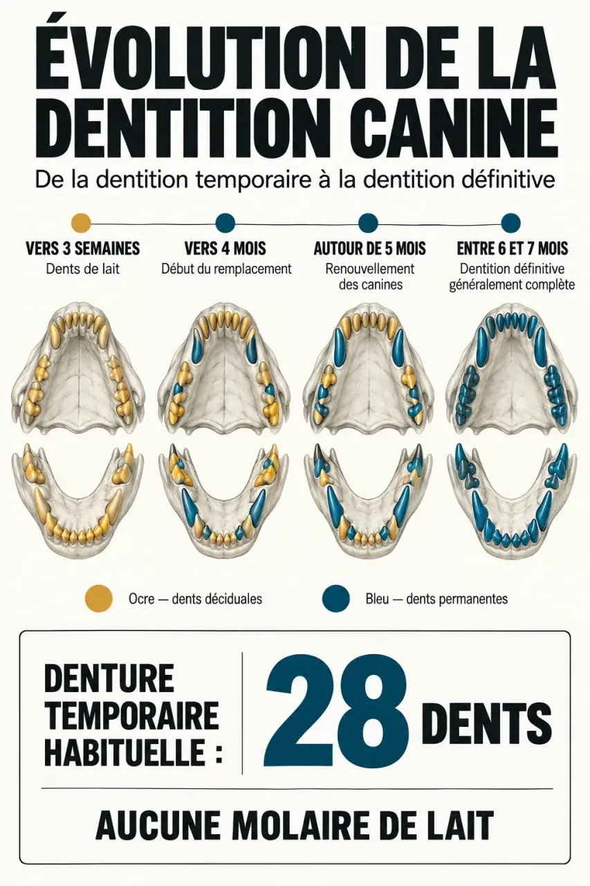 Calendrier de l’évolution de la dentition du chien adulte, des dents de lait aux dents définitives